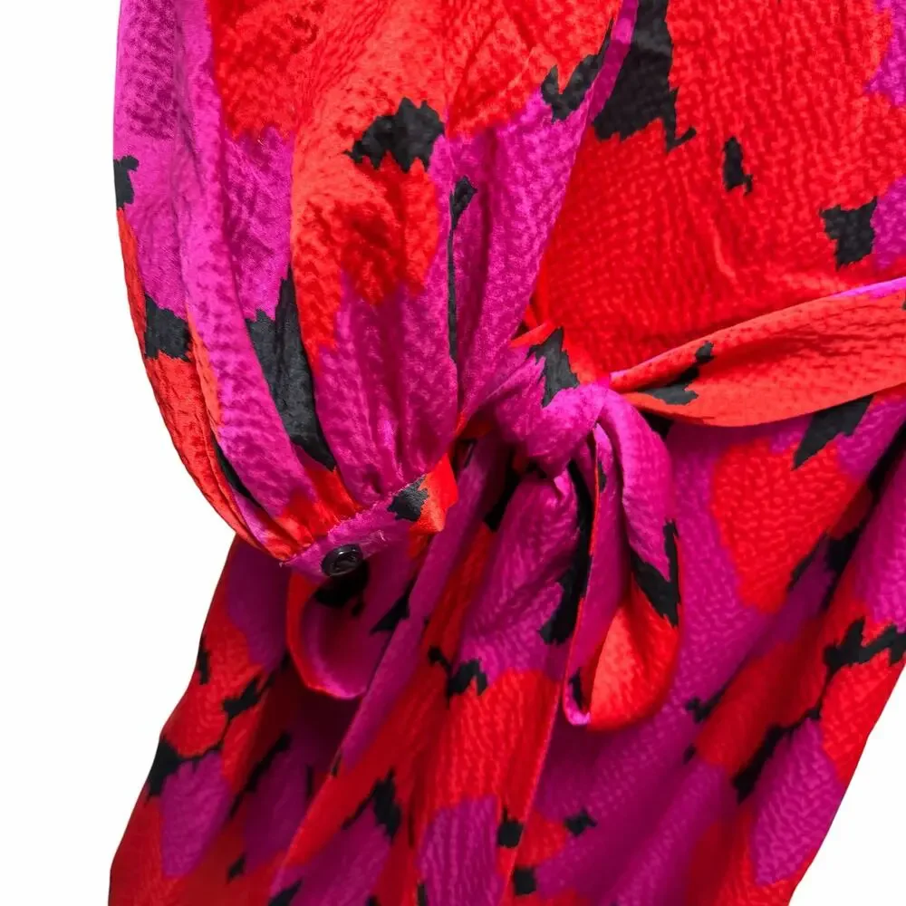 Tory Burch Pure Silk Pink Red Black Belted Tie Waist Mini Dress Size 2 Preppy
